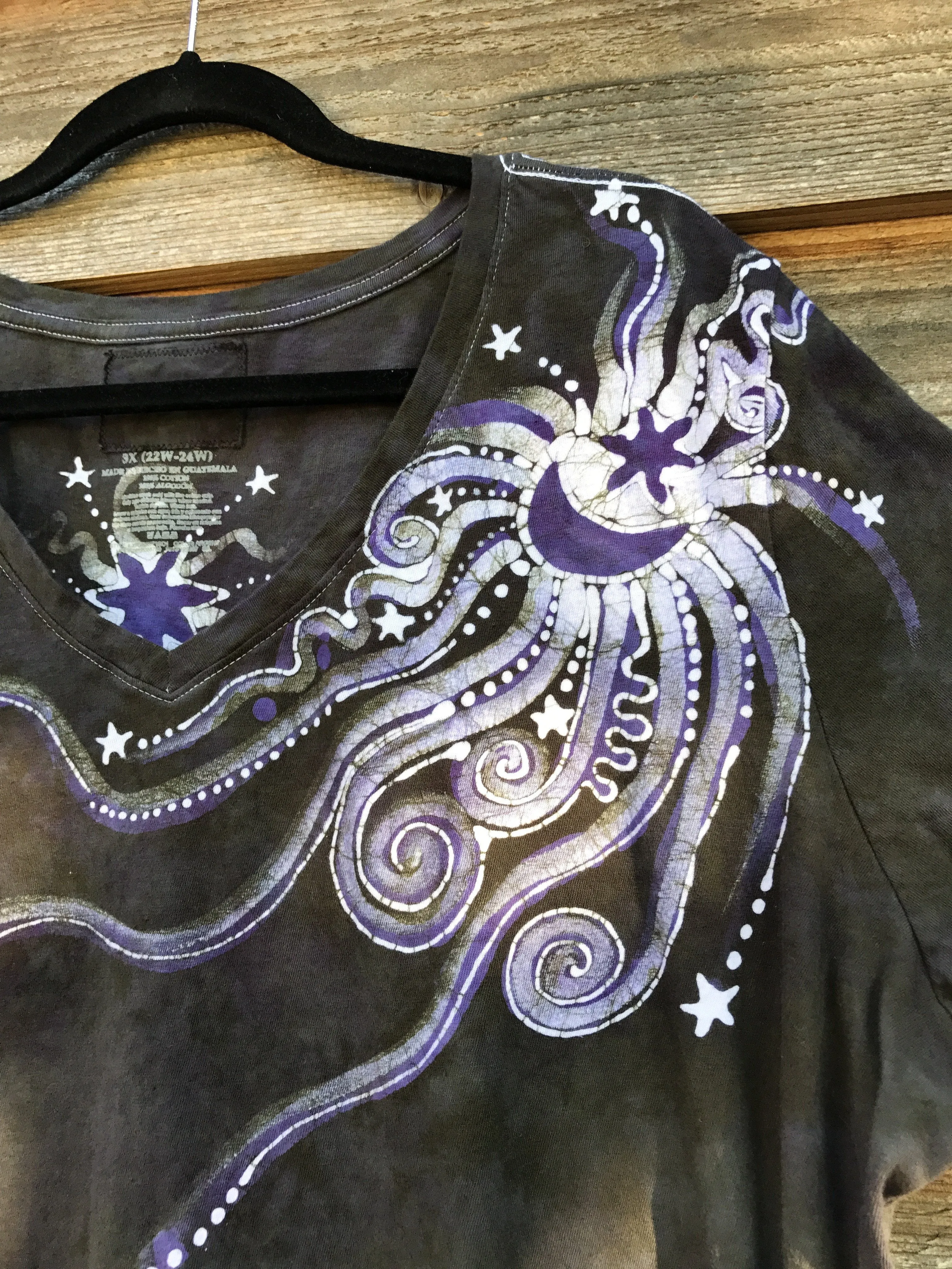 Sage and Purple Moonbeams Handmade Batik Summer Vneck Tee - Plus Size - 3X