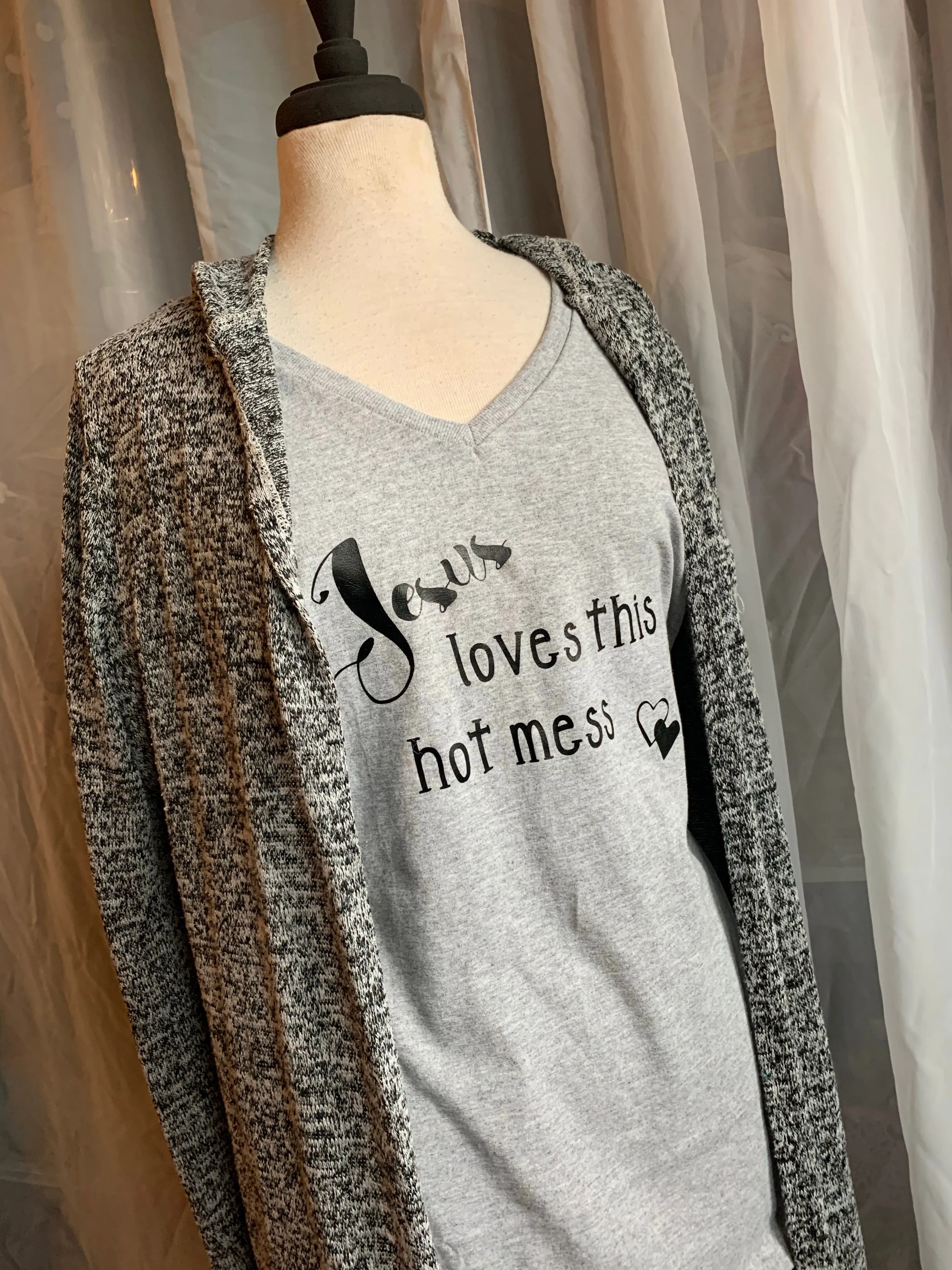Shirt { Jesus loves this hot mess } Vneck. Gray, black, purple.