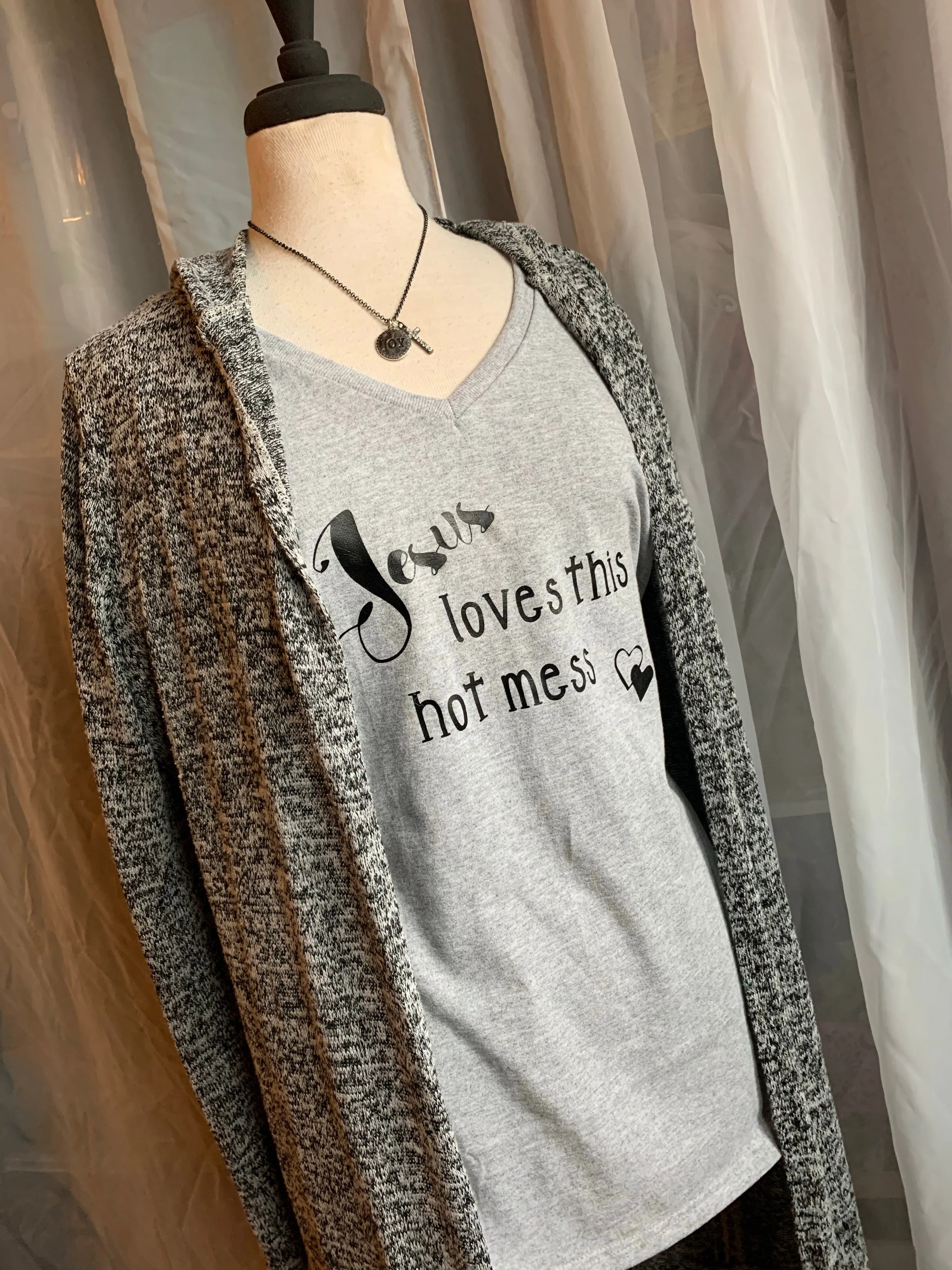 Shirt { Jesus loves this hot mess } Vneck. Gray, black, purple.