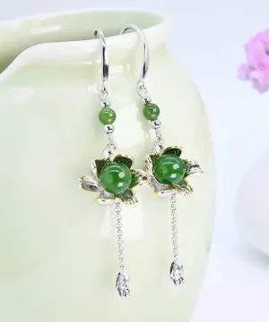 Sterling Silver Jade Floral Drop Earrings
