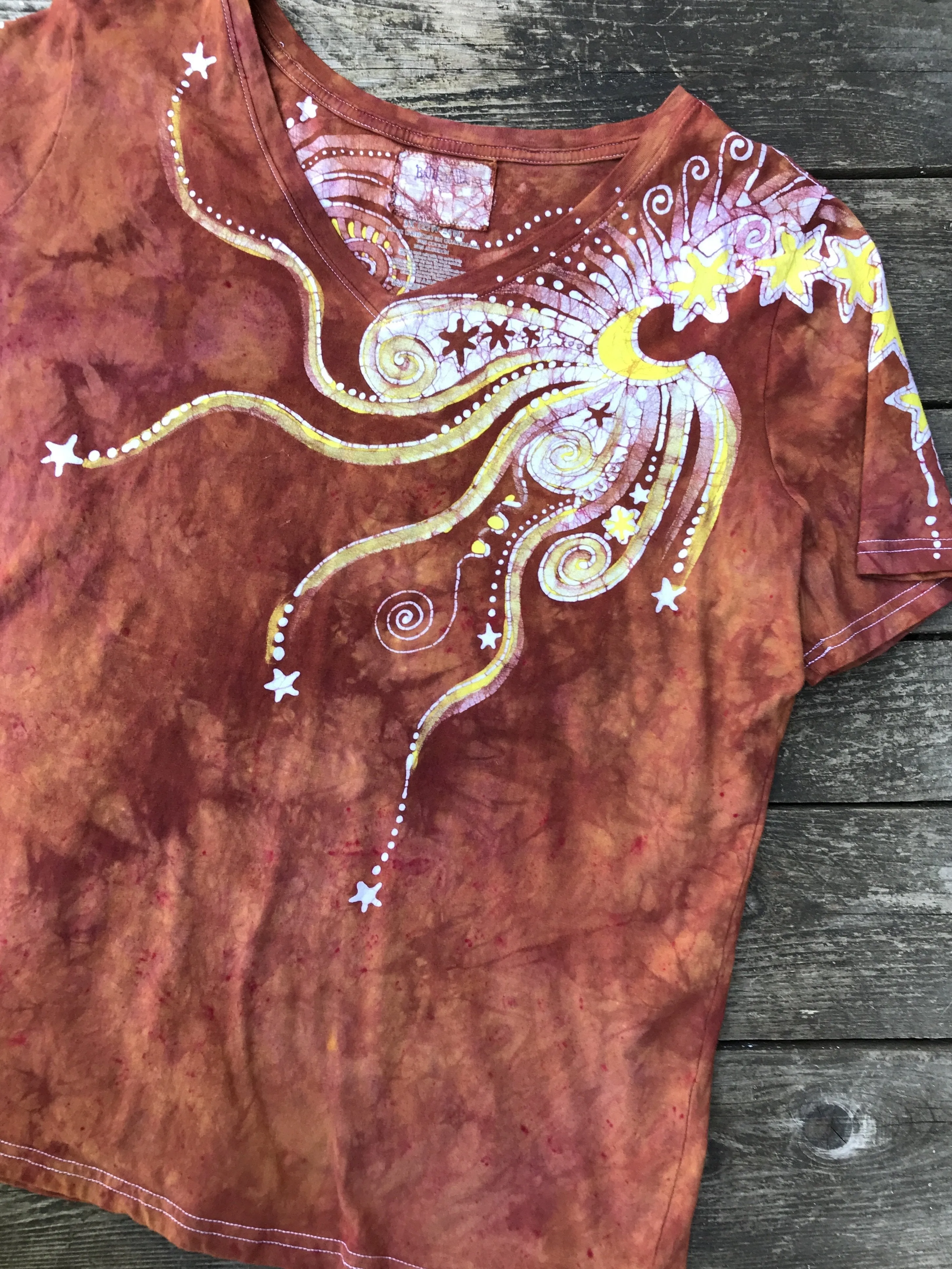 Sweet Orange Sunrise Handmade Batikwalla Summer Vneck Tee - Plus Size - 3X