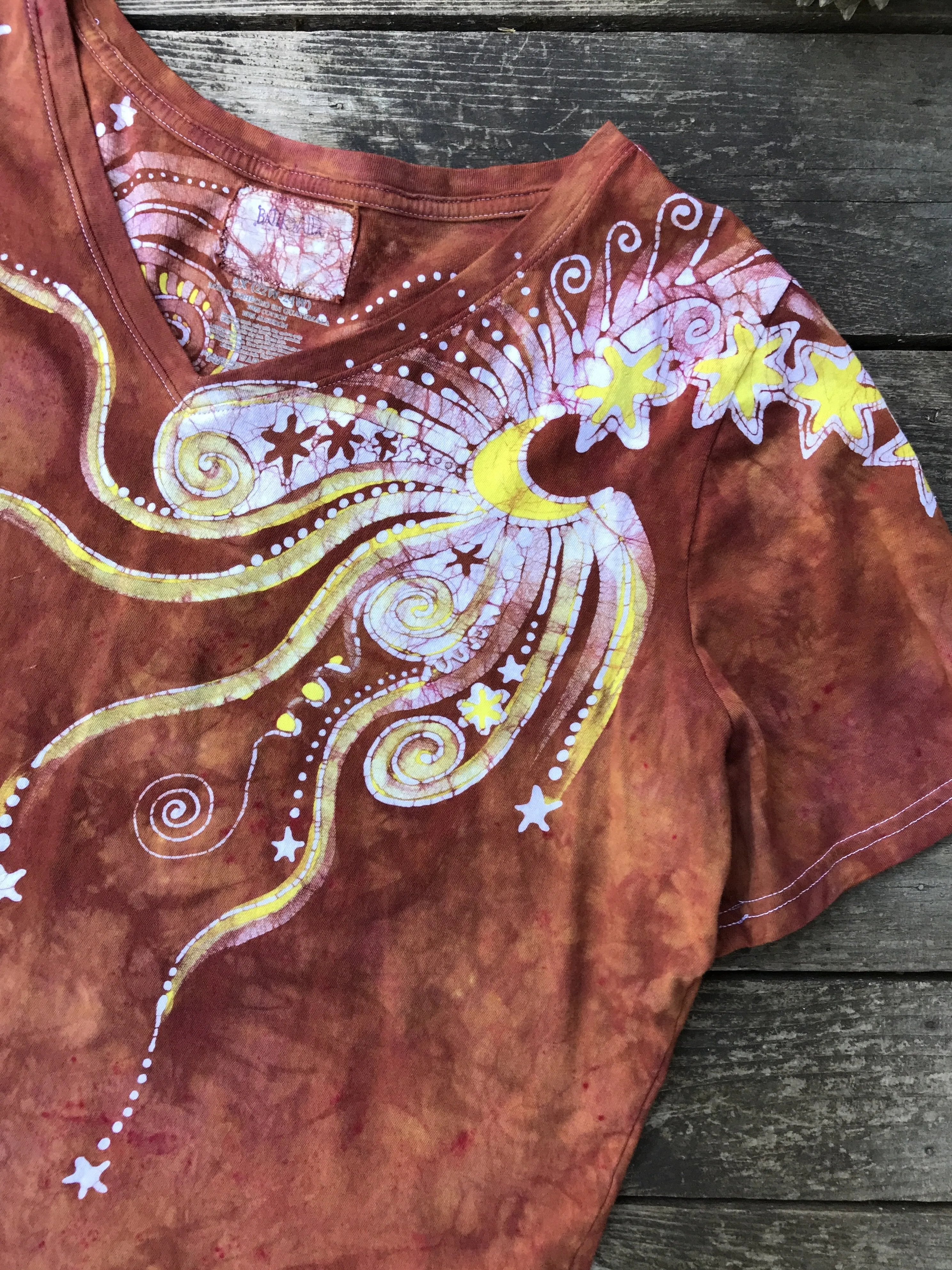 Sweet Orange Sunrise Handmade Batikwalla Summer Vneck Tee - Plus Size - 3X