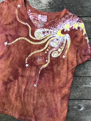 Sweet Orange Sunrise Handmade Batikwalla Summer Vneck Tee - Plus Size - 3X