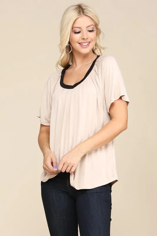 Taupe Black Vneck Band SS Top