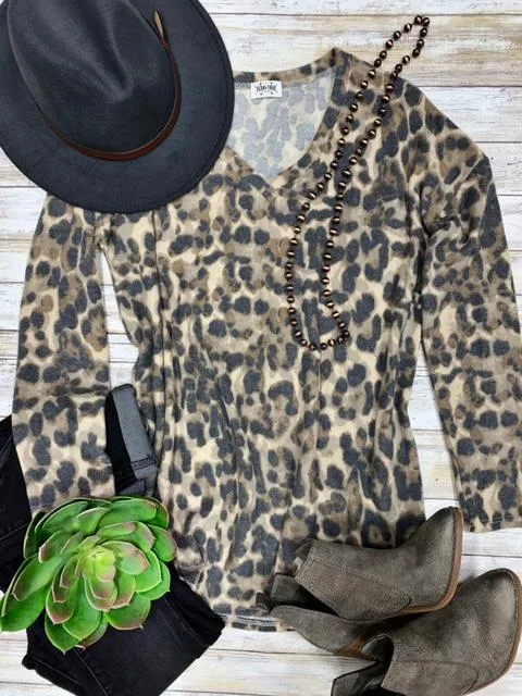 Texas True Threads Fuzzy Leopard Long-Sleeve V-Neck Top