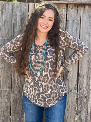 Texas True Threads Fuzzy Leopard Long-Sleeve V-Neck Top