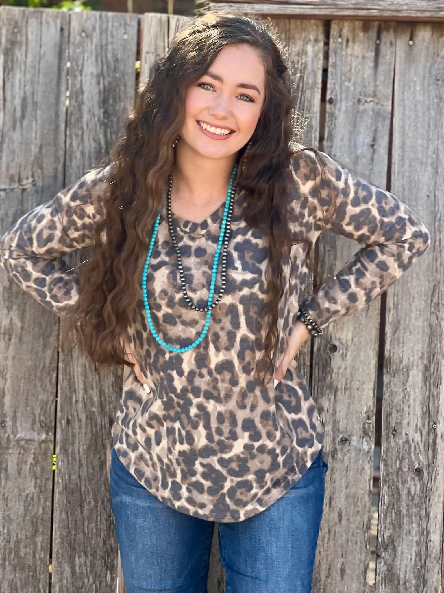 Texas True Threads Fuzzy Leopard Long-Sleeve V-Neck Top