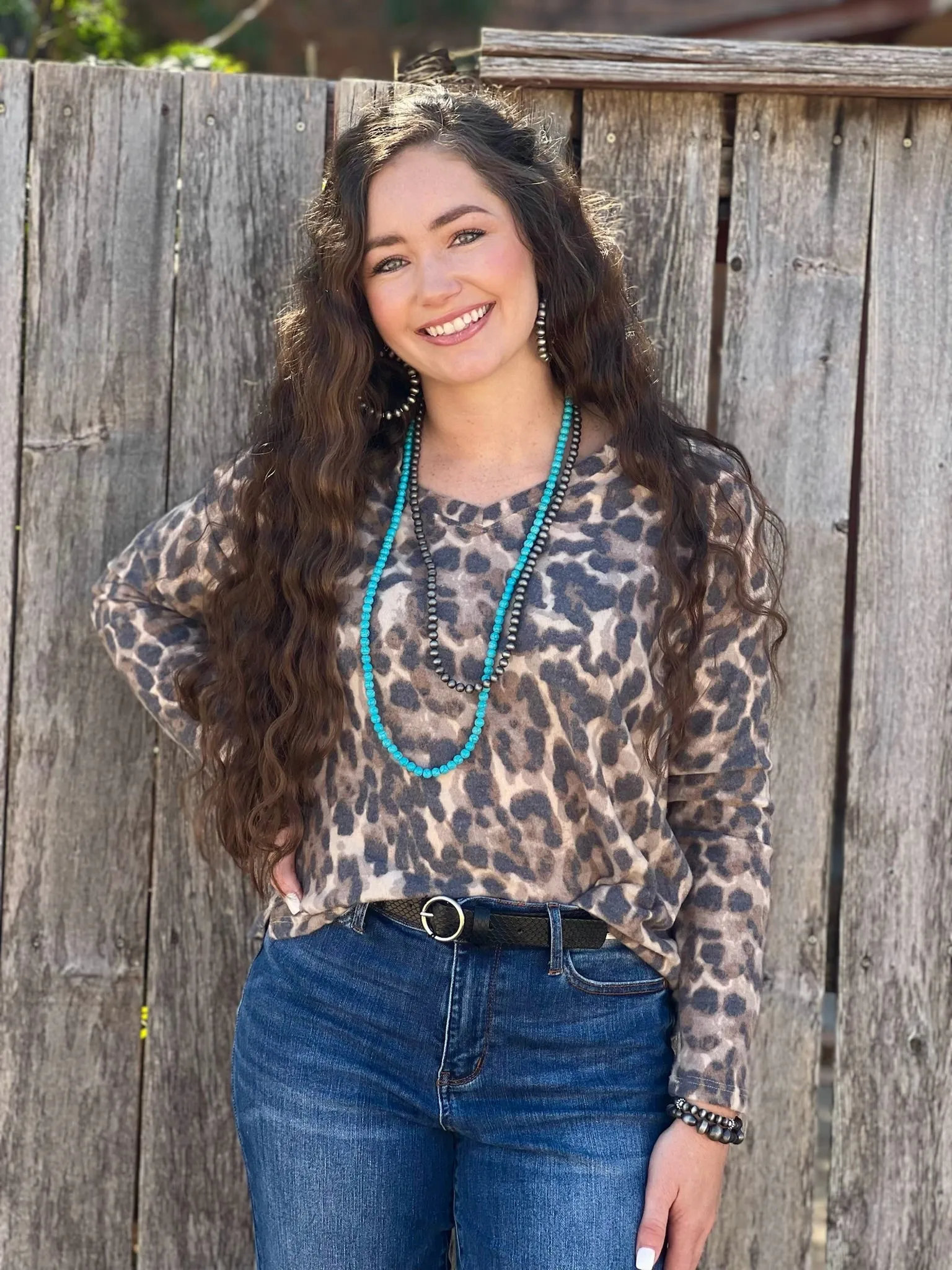 Texas True Threads Fuzzy Leopard Long-Sleeve V-Neck Top