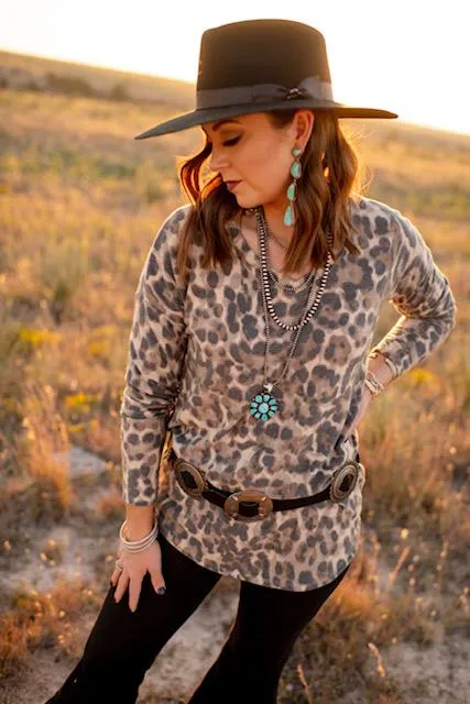 Texas True Threads Fuzzy Leopard Long-Sleeve V-Neck Top