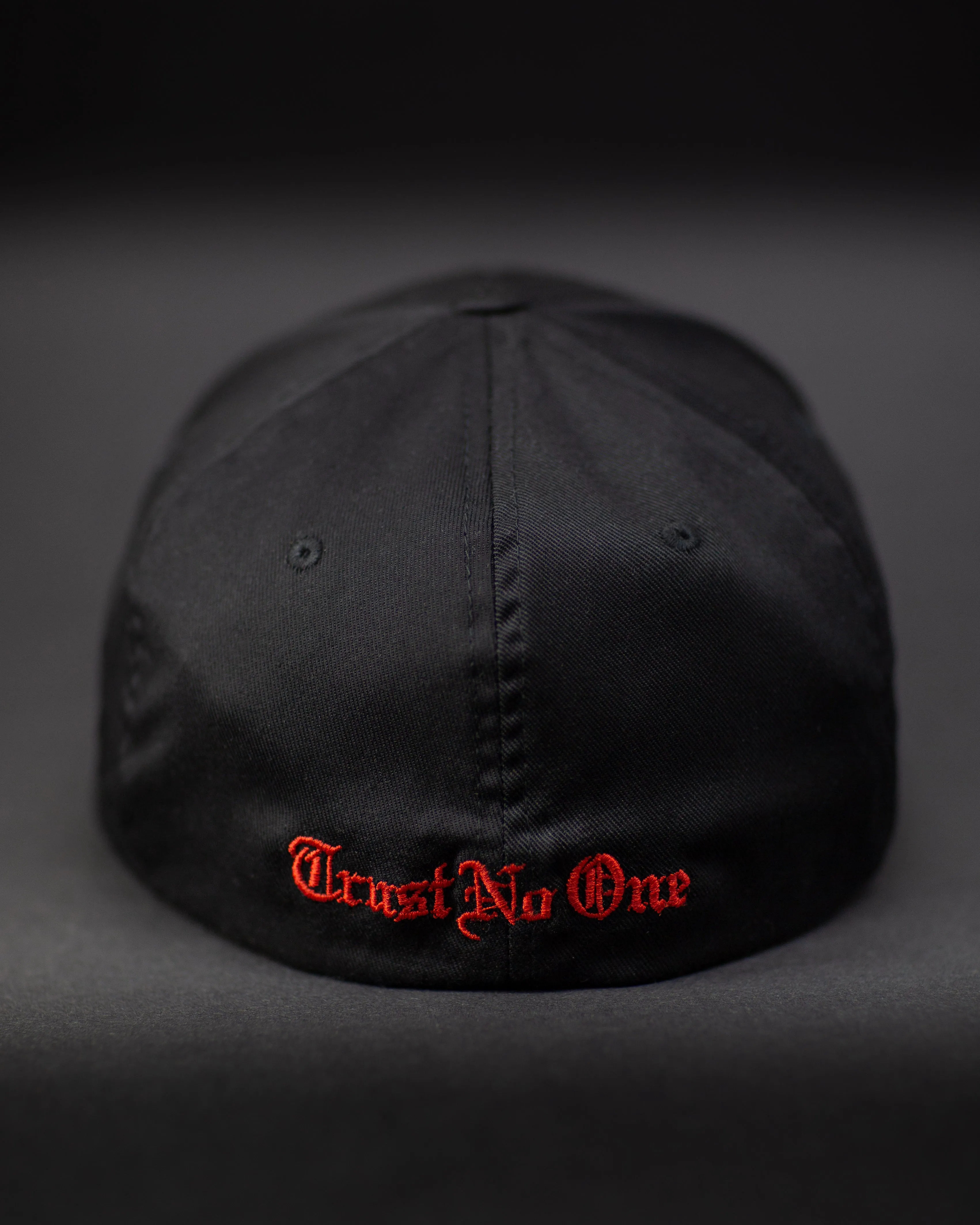 Trust No One Structured Curved Bill Flexfit Hat - Black with Red Stitching
