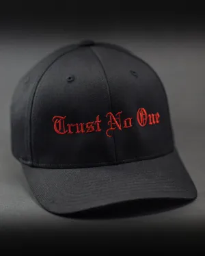 Trust No One Structured Curved Bill Flexfit Hat - Black with Red Stitching