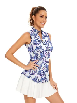 Violet Floral Stand Collar V-neck Sleeveless Polo Shirt for Women