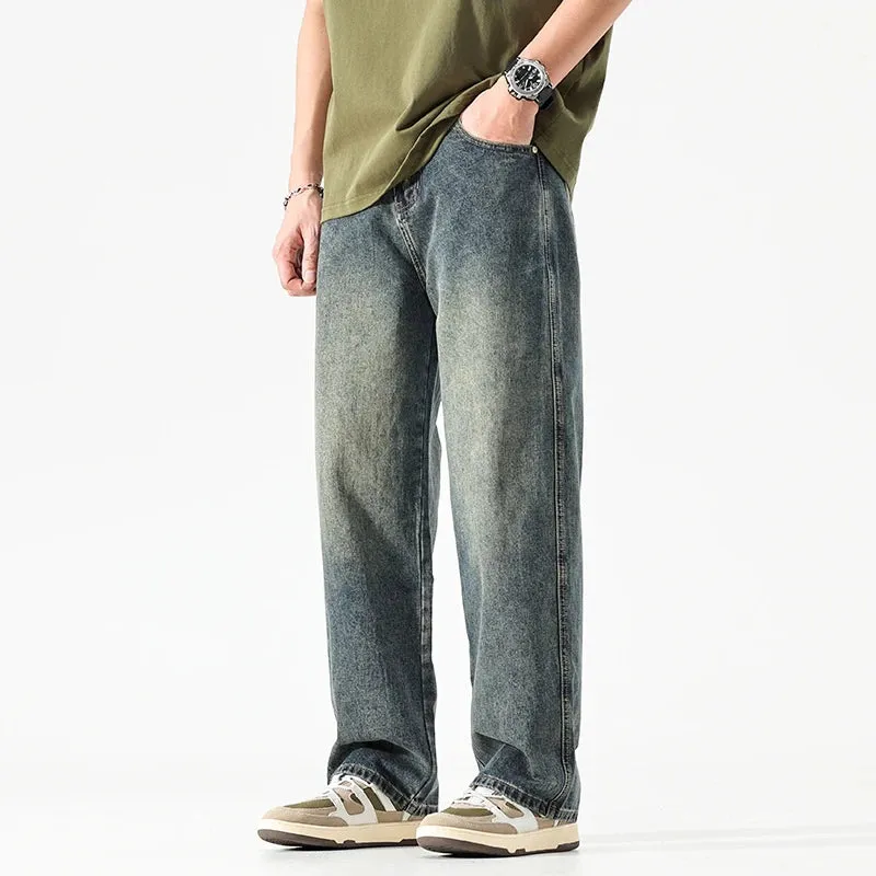 Wide Leg Jeans Men Baggy Pants Summer Straight Cut Loose Retro Blue Denim Pants Streetwear Fashion Pockets Vintage Man Clothes