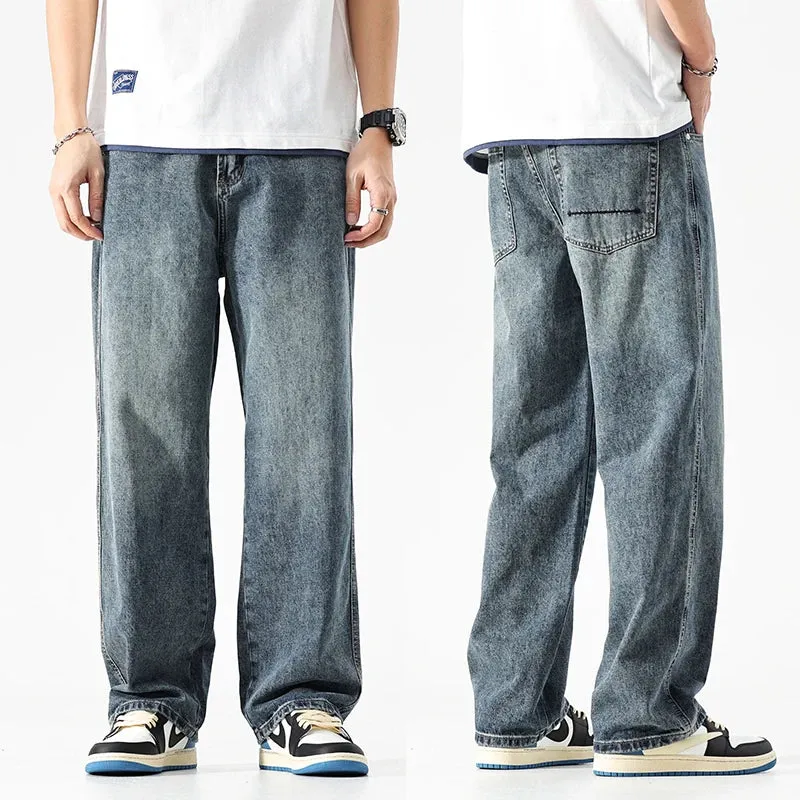 Wide Leg Jeans Men Baggy Pants Summer Straight Cut Loose Retro Blue Denim Pants Streetwear Fashion Pockets Vintage Man Clothes