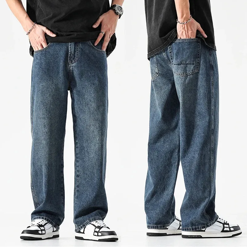 Wide Leg Jeans Men Baggy Pants Summer Straight Cut Loose Retro Blue Denim Pants Streetwear Fashion Pockets Vintage Man Clothes