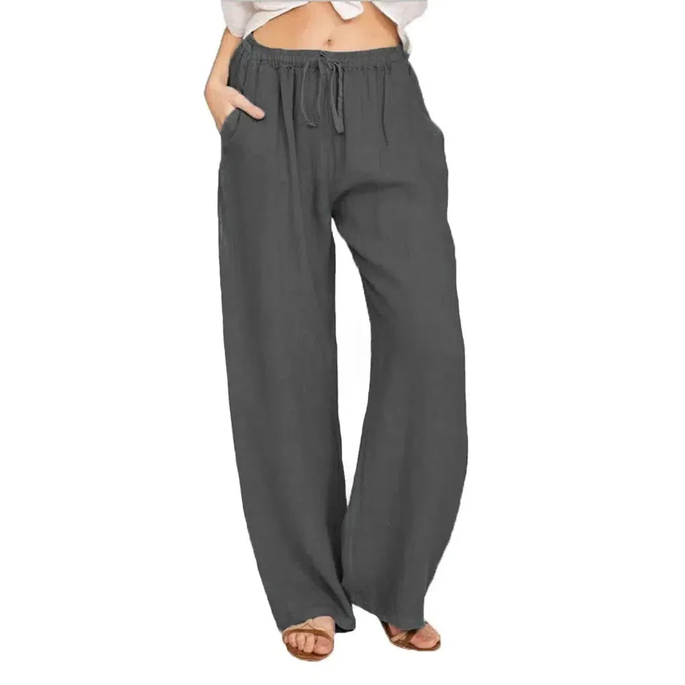 Women Cotton Linen Pants Summer and Autumn High Waist Wide-Leg Trousers Casual Breathable Hemp Sports Pants
