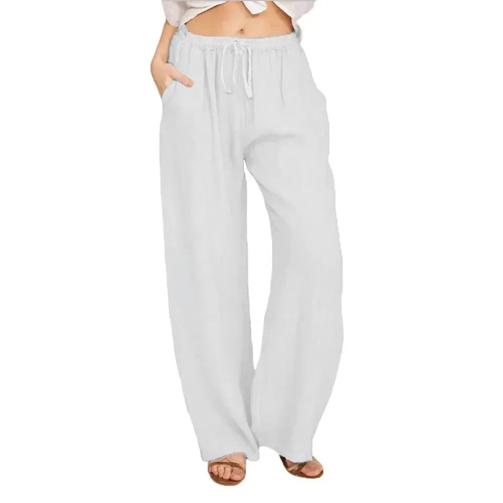 Women Cotton Linen Pants Summer and Autumn High Waist Wide-Leg Trousers Casual Breathable Hemp Sports Pants