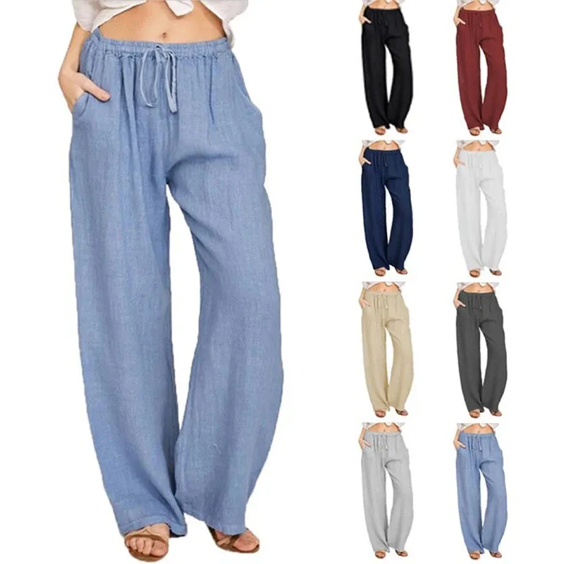 Women Cotton Linen Pants Summer and Autumn High Waist Wide-Leg Trousers Casual Breathable Hemp Sports Pants