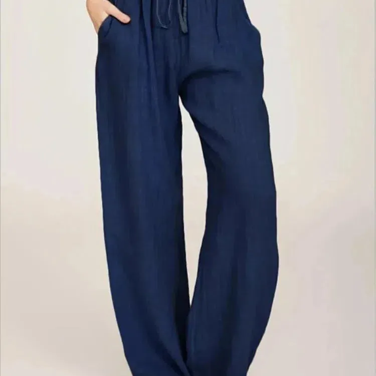 Women Cotton Linen Pants Summer and Autumn High Waist Wide-Leg Trousers Casual Breathable Hemp Sports Pants