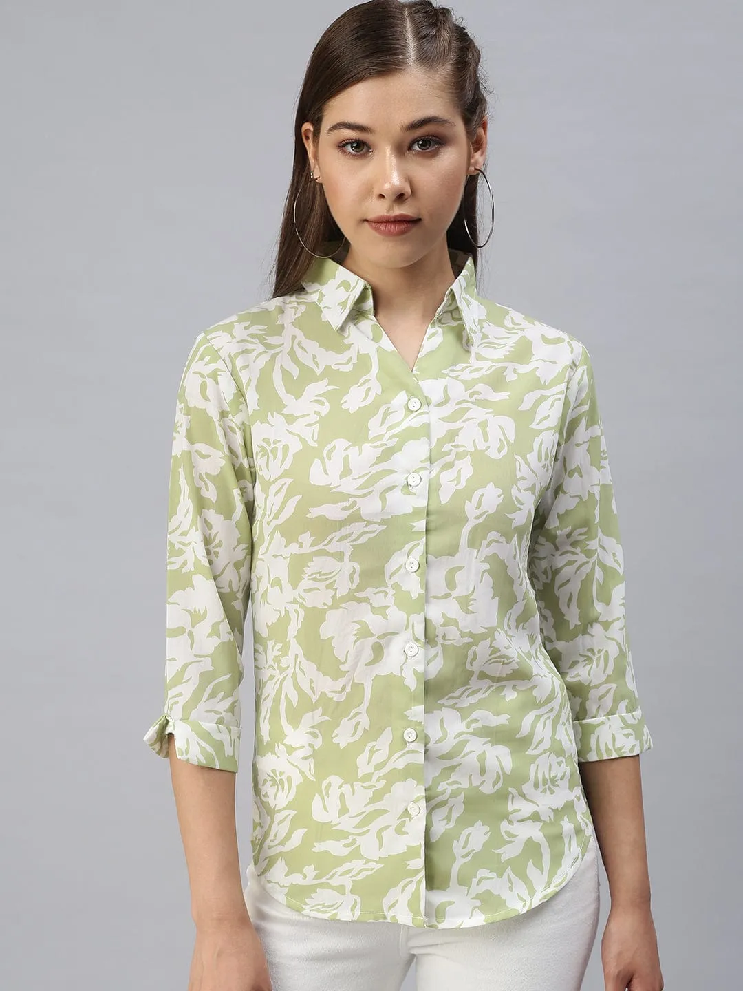 Women Green Comfort Floral Printed Casual Shirt