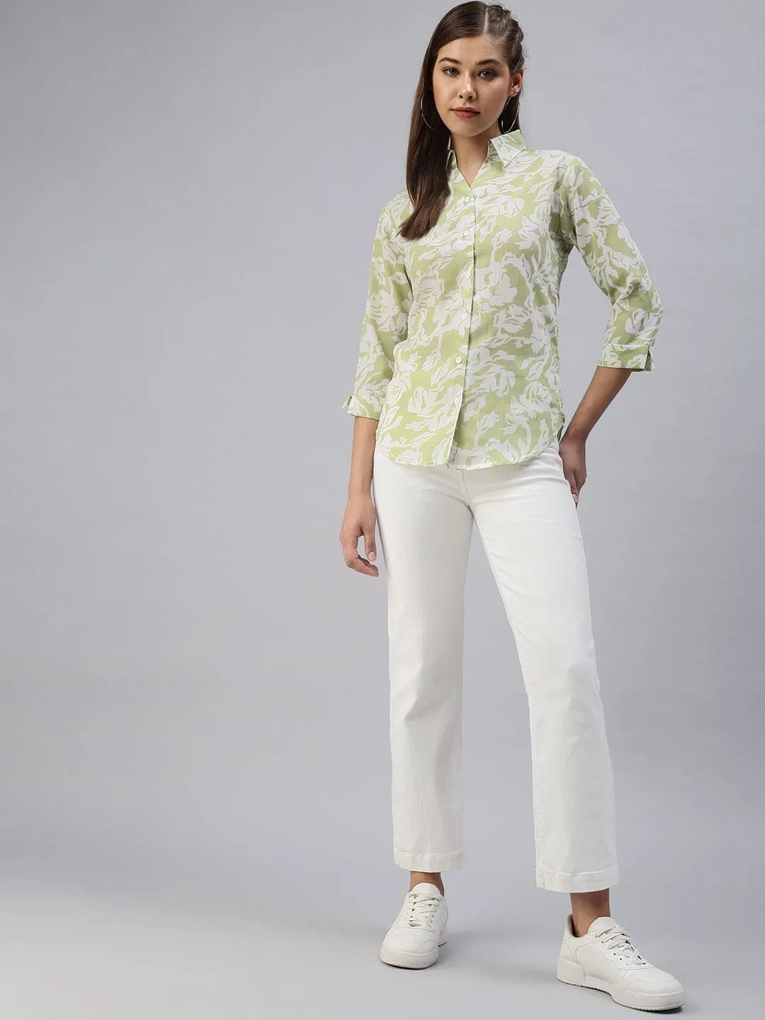 Women Green Comfort Floral Printed Casual Shirt