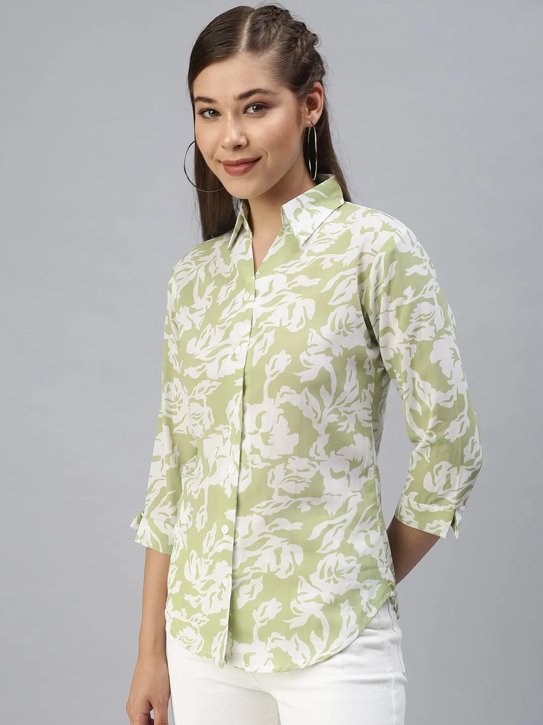 Women Green Comfort Floral Printed Casual Shirt