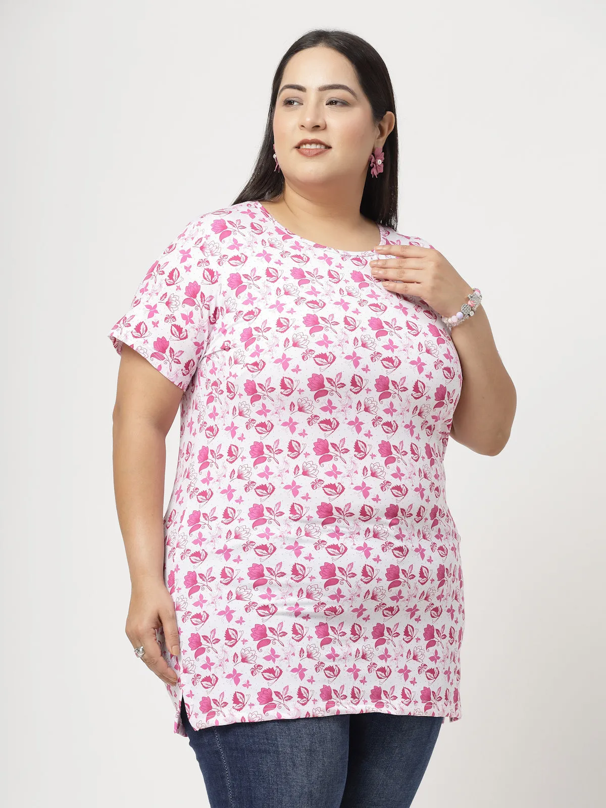 Women Pink Floral Printed T-shirt