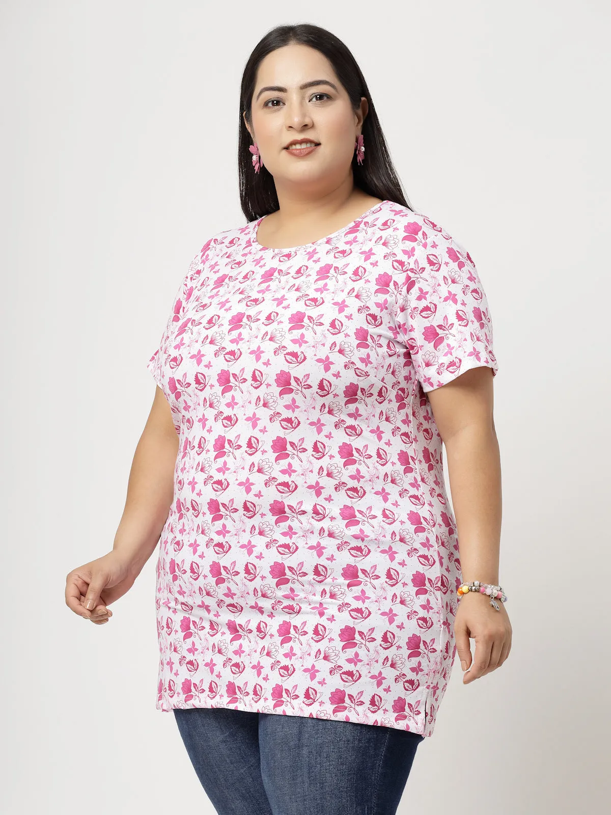 Women Pink Floral Printed T-shirt