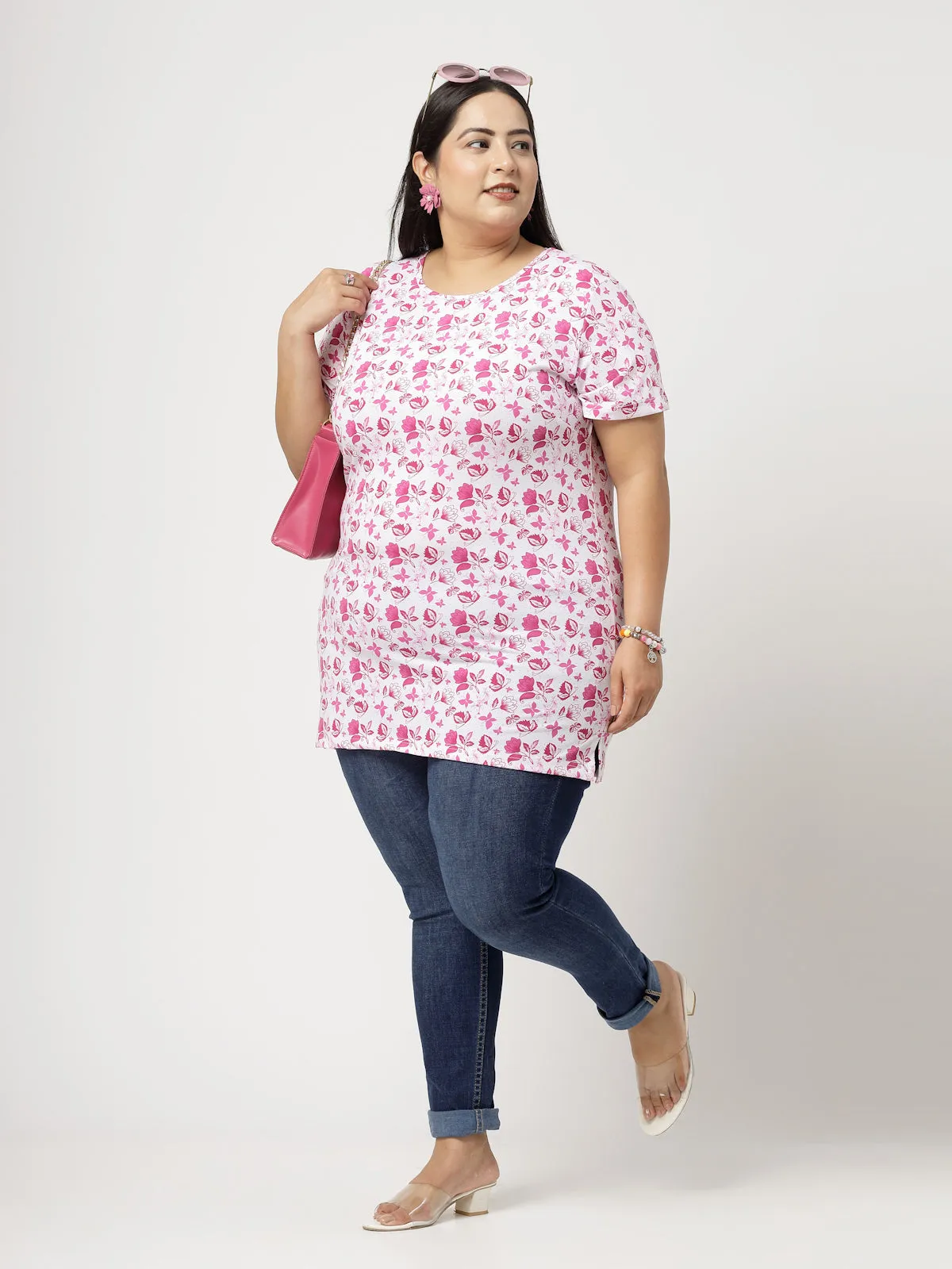 Women Pink Floral Printed T-shirt