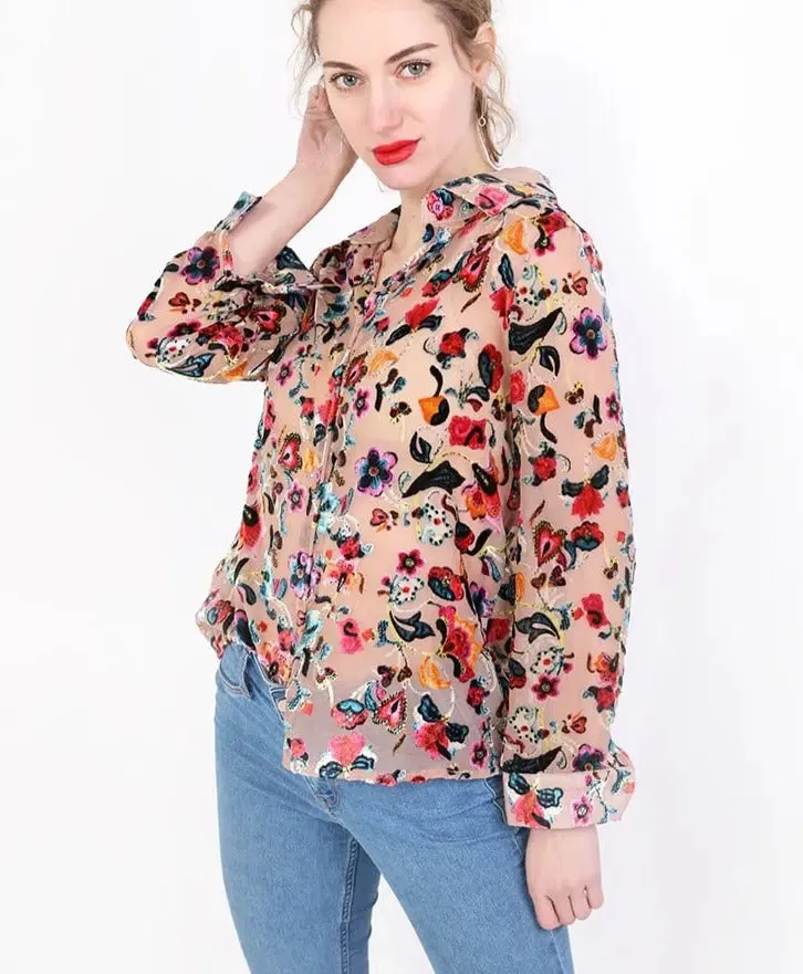 Women Shirts Floral Print Front Buttons