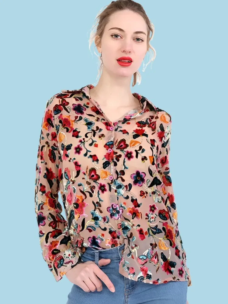 Women Shirts Floral Print Front Buttons