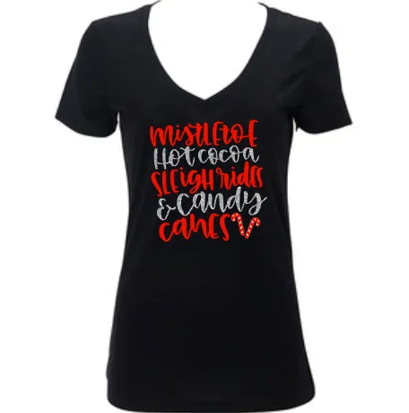Women’s Christmas Shirt, Mistletoe Hot Cocoa Sleigh Rides & Candy Canes