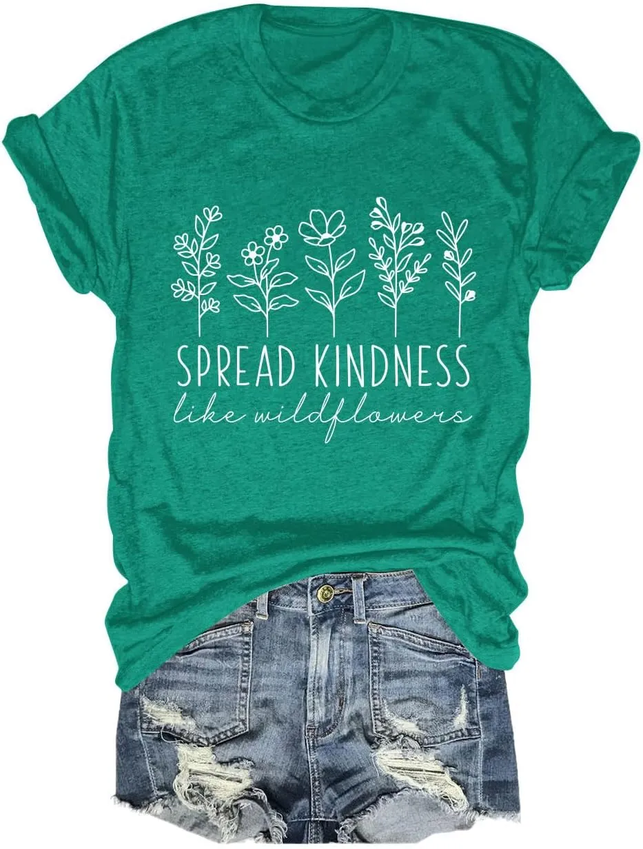 Womens Vintage Floral T Shirt Wildflower Graphic Tee Letter Printed Tshirt Boho Cute Tops